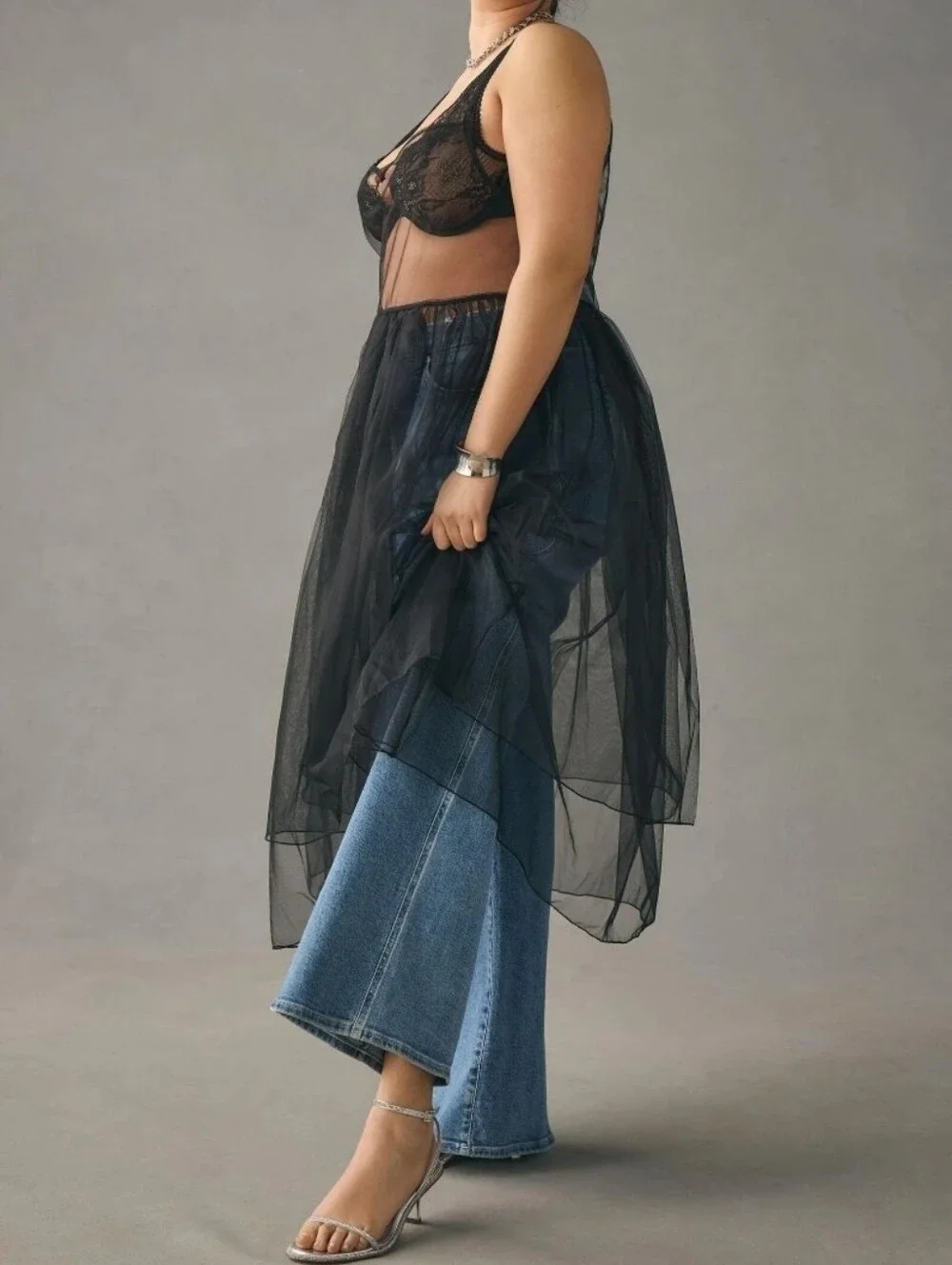 Anthropologie Black Sheer Slip Tulle Midi Dress - Picture 3 of 7